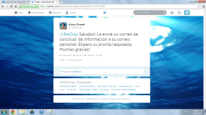 Notificación vía Twitter del envió de solicitud de información al correo personal del Concejal Reinaldo Díaz 