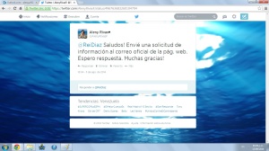 Notificación vía Twitter de la solicitud de información al Concejal Reinaldo Díaz
